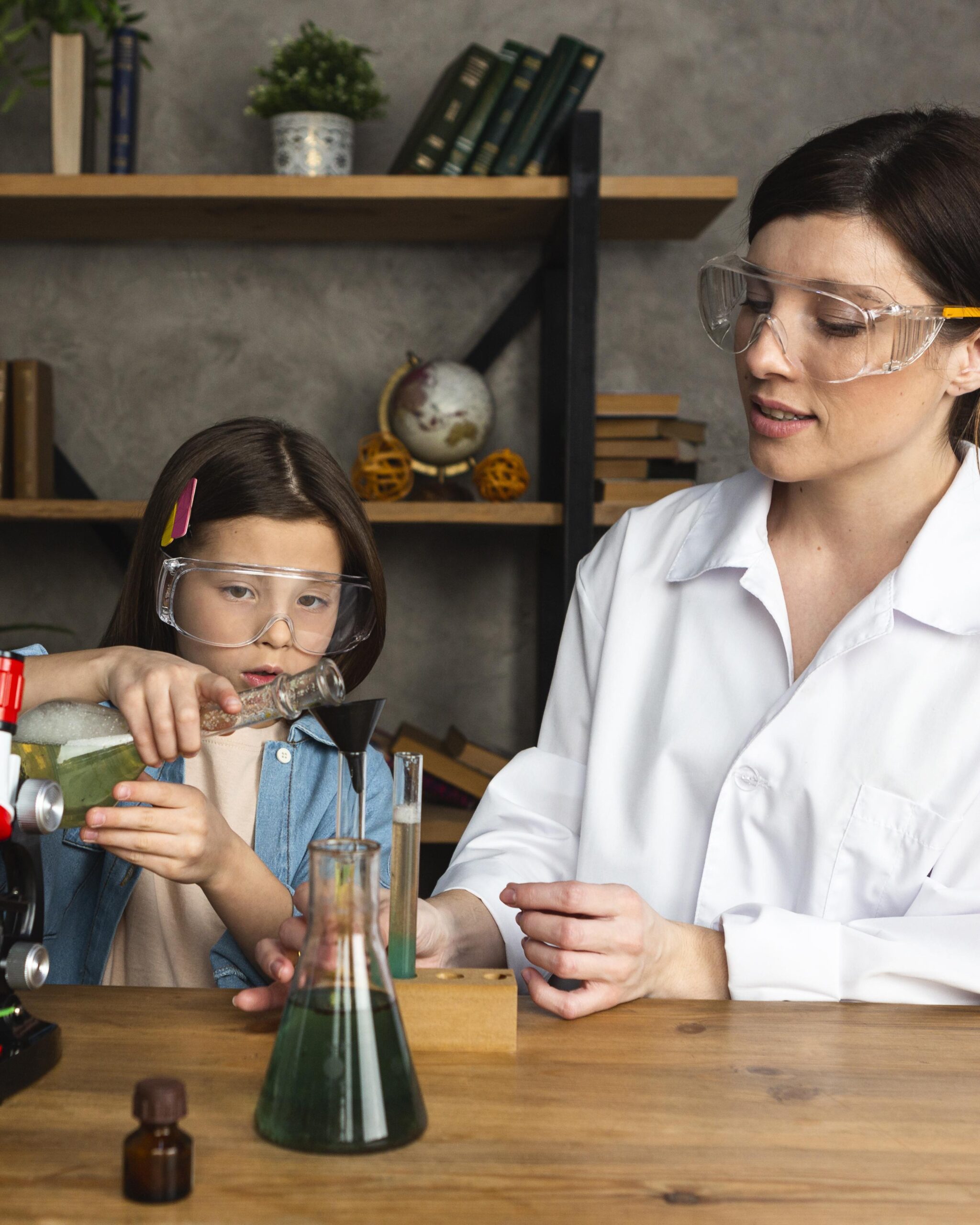 Mulher e criança fazendo experimentos ciéntificos