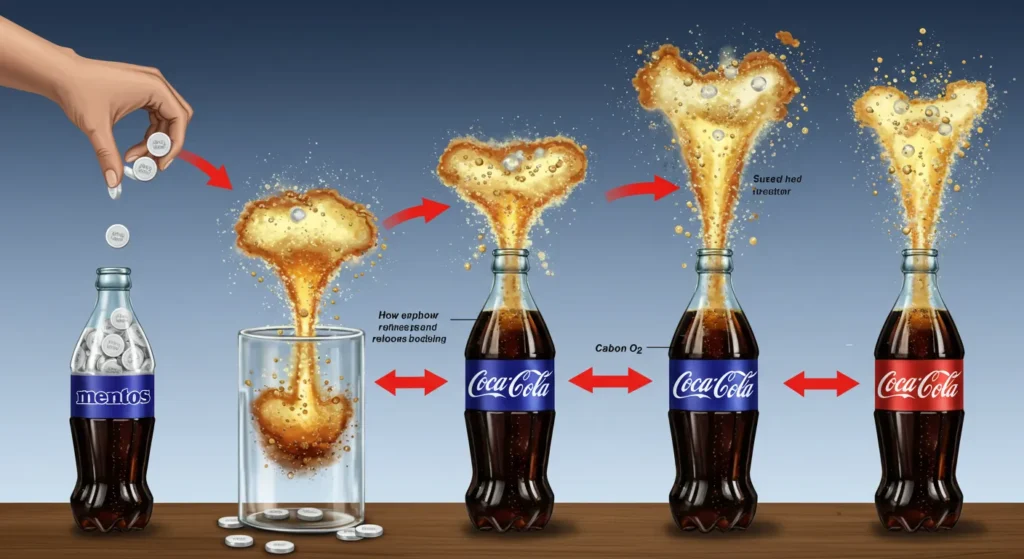 Reação química com mentos e refrigerante